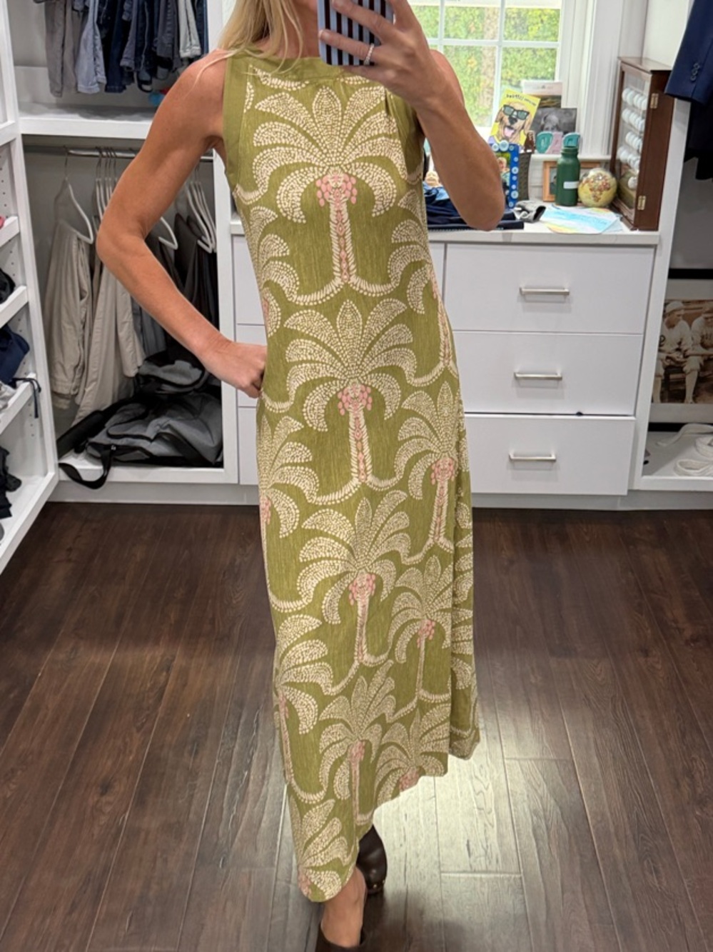 Spartina 449 Sleeveless Olive Green Palm-Print Maxi Dress XS